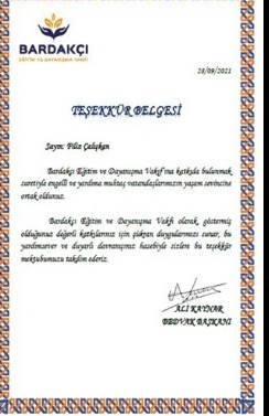 Certificate of Appreciation — Filiz Çalışkan